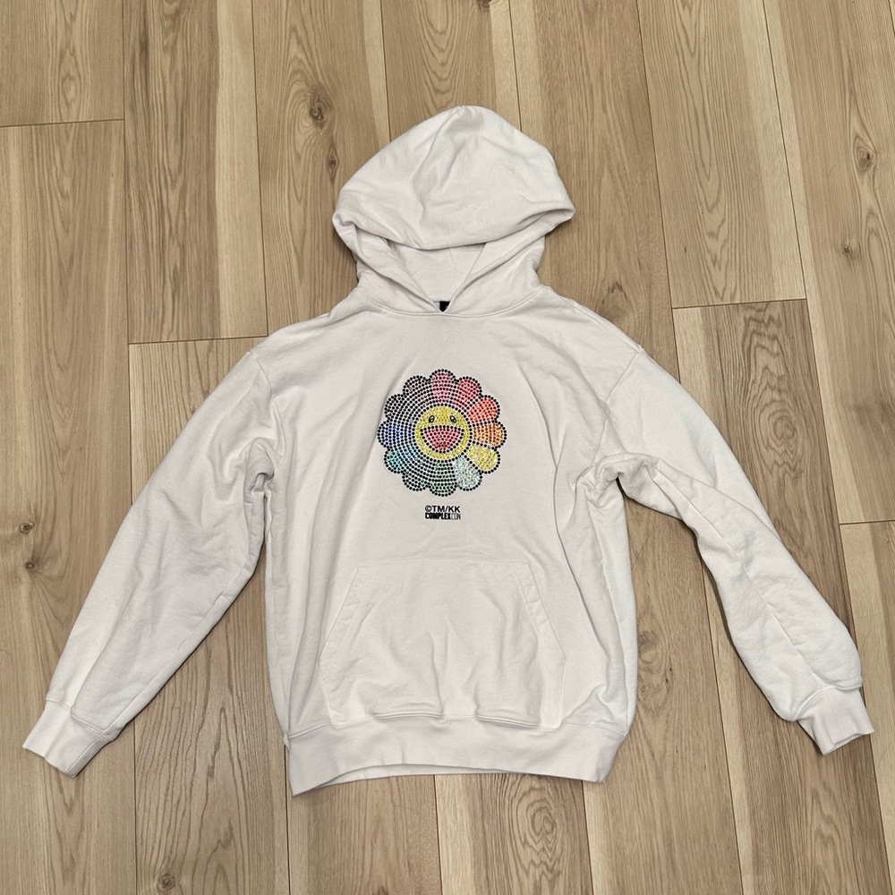 White Hooded Sweatshirt with Swarovski Rainbow Murakami Flower